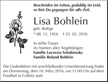 Traueranzeige von Lisa Bohlein (geb. Bethge)  von Magdeburger Volksstimme