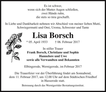 Traueranzeige von Lisa Borsch  von Magdeburger Volksstimme