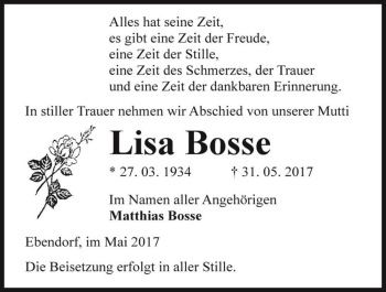Traueranzeige von Lisa Bosse  von Magdeburger Volksstimme