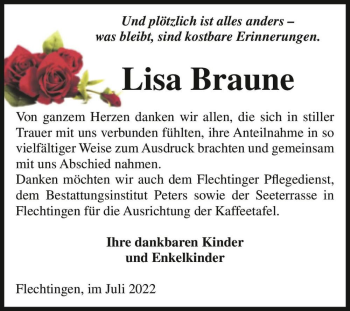 Traueranzeige von Lisa Braune  von Magdeburger Volksstimme