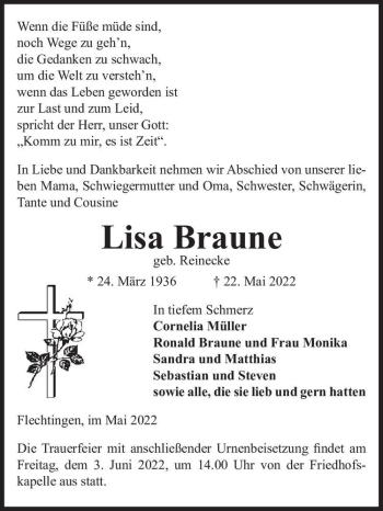 Traueranzeige von Lisa Braune (geb. Reinecke)  von Magdeburger Volksstimme