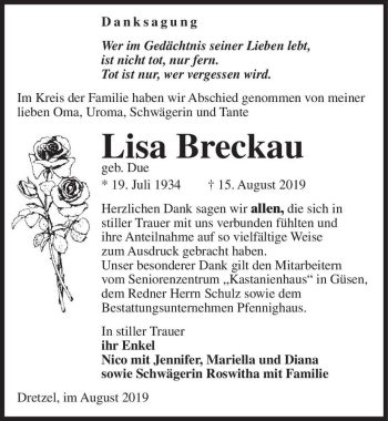Traueranzeige von Lisa Breckau (geb. Due)  von Magdeburger Volksstimme