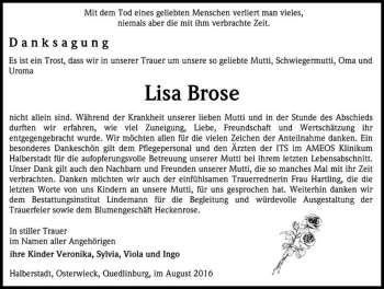 Traueranzeige von Lisa Brose  von Magdeburger Volksstimme