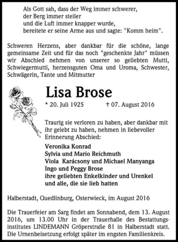 Traueranzeige von Lisa Brose  von Magdeburger Volksstimme