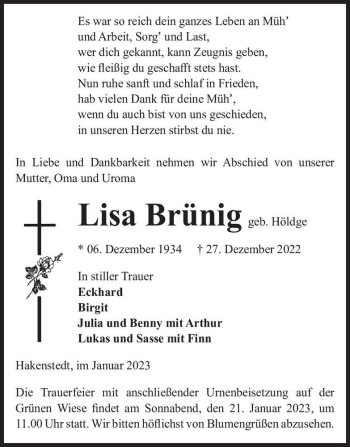 Traueranzeige von Lisa Brünig (geb. Höldge)  von Magdeburger Volksstimme