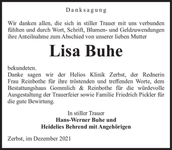 Traueranzeige von Lisa Buhe  von Magdeburger Volksstimme
