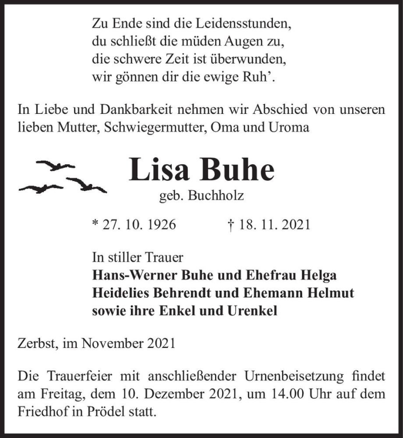  Traueranzeige für Lisa Buhe (geb. Buchholz)  vom 27.11.2021 aus Magdeburger Volksstimme