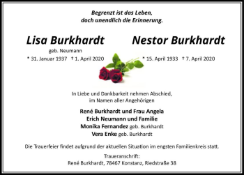 Traueranzeige von Lisa Burkhardt (geb. Neumann) und Nestor Burkhardt  von Magdeburger Volksstimme