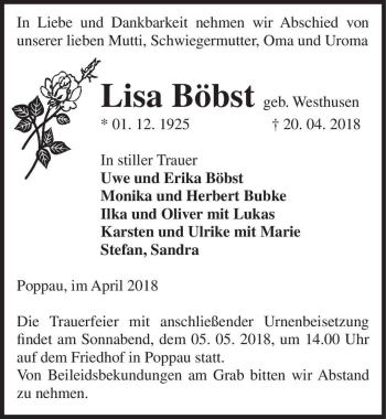Traueranzeige von Lisa Böbst (geb. Westhusen)  von Magdeburger Volksstimme