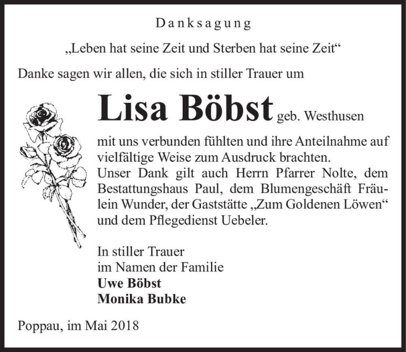  Traueranzeige für Lisa Böbst (geb. Westhusen)  vom 18.05.2018 aus Magdeburger Volksstimme