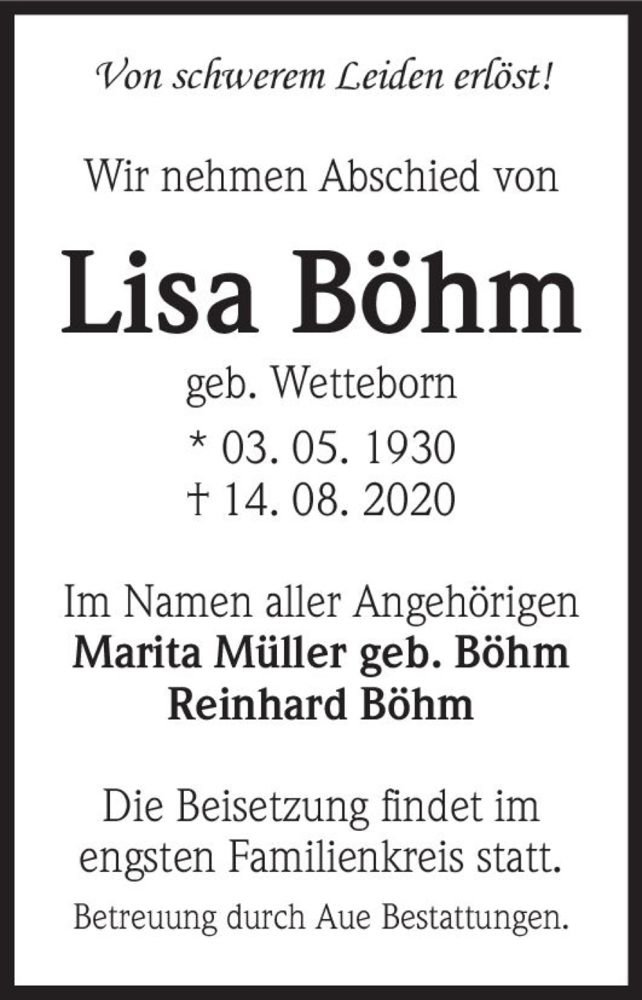  Traueranzeige für Lisa Böhm (geb. Wetteborn)  vom 22.08.2020 aus Magdeburger Volksstimme