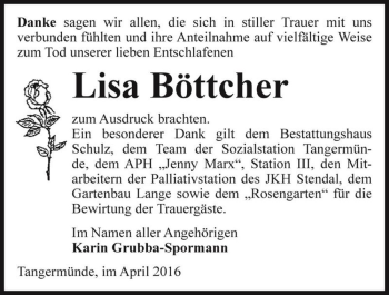 Traueranzeige von Lisa Böttcher  von Magdeburger Volksstimme