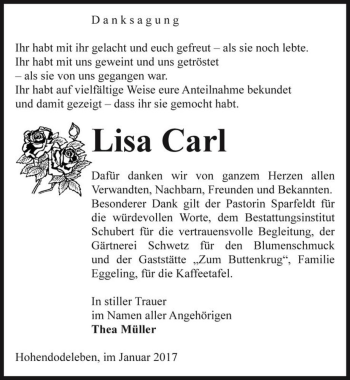 Traueranzeige von Lisa Carl  von Magdeburger Volksstimme