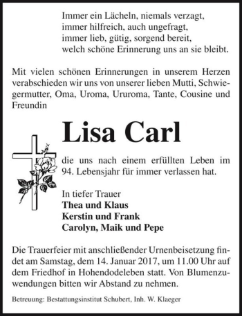 Traueranzeige von Lisa Carl  von Magdeburger Volksstimme