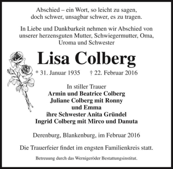 Traueranzeige von Lisa Colberg  von Magdeburger Volksstimme