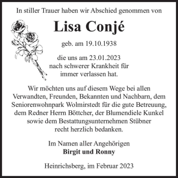 Traueranzeige von Lisa Conjé  von Magdeburger Volksstimme