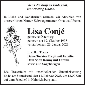 Traueranzeige von Lisa Conjé (geb. Osterburg)  von Magdeburger Volksstimme