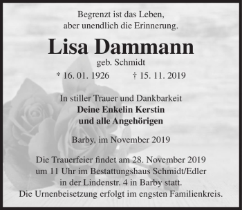 Traueranzeige von Lisa Dammann (geb. Schmidt)  von Magdeburger Volksstimme
