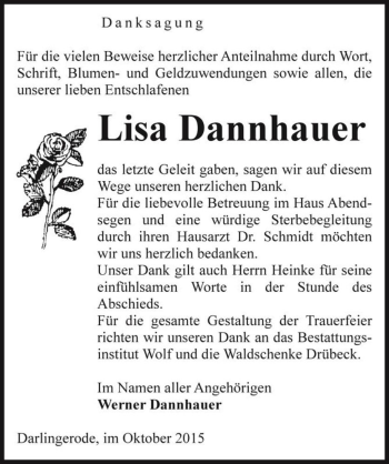 Traueranzeige von Lisa Dannhauer  von Magdeburger Volksstimme