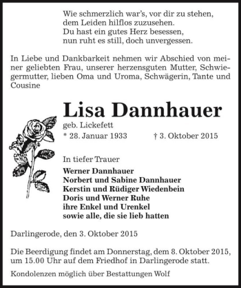 Traueranzeige von Lisa Dannhauer (geb. Lickefett)  von Magdeburger Volksstimme