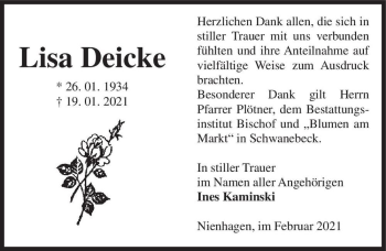 Traueranzeige von Lisa Deicke  von Magdeburger Volksstimme