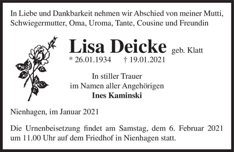  Traueranzeige für Lisa Deicke (geb. Klatt)  vom 30.01.2021 aus Magdeburger Volksstimme
