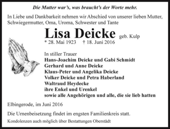 Traueranzeige von Lisa Deicke (geb. Kulp)  von Magdeburger Volksstimme