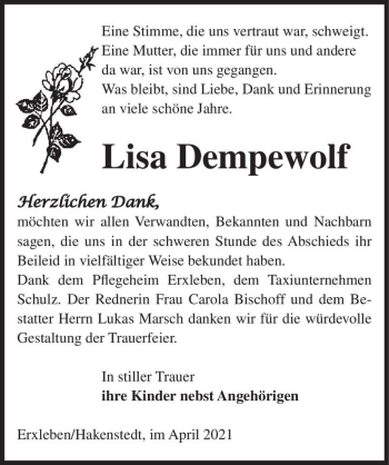 Traueranzeige von Lisa Dempewolf  von Magdeburger Volksstimme