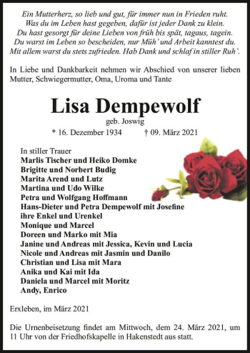 Traueranzeige von Lisa Dempewolf (geb. Joswig)  von Magdeburger Volksstimme