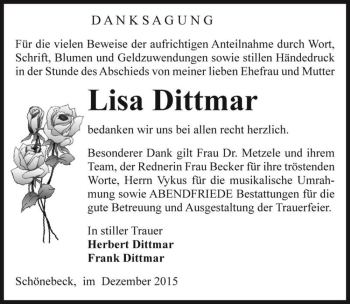 Traueranzeige von Lisa Dittmar  von Magdeburger Volksstimme