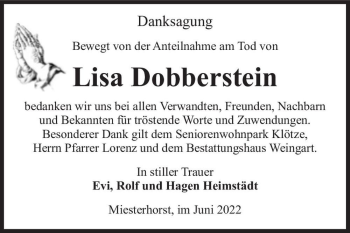 Traueranzeige von Lisa Dobberstein  von Magdeburger Volksstimme