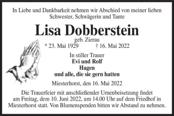 Traueranzeige von Lisa Dobberstein (geb. Zierau)  von Magdeburger Volksstimme