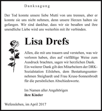 Traueranzeige von Lisa Drefs  von Magdeburger Volksstimme