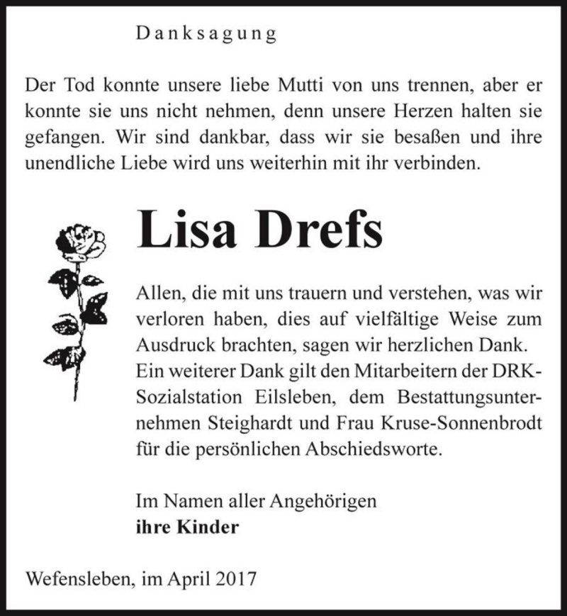  Traueranzeige für Lisa Drefs  vom 29.04.2017 aus Magdeburger Volksstimme