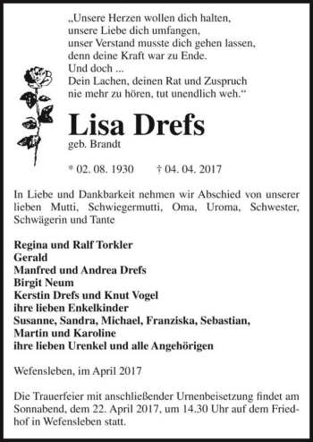 Traueranzeige von Lisa Drefs (geb. Brandt)  von Magdeburger Volksstimme