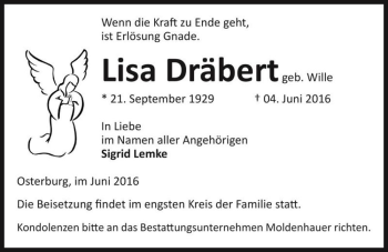 Traueranzeige von Lisa Dräbert (geb. Wille)  von Magdeburger Volksstimme
