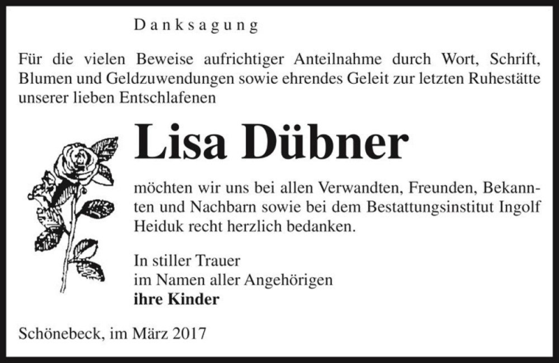  Traueranzeige für Lisa Dübner  vom 25.03.2017 aus Magdeburger Volksstimme