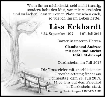 Traueranzeige von Lisa Eckhardt  von Magdeburger Volksstimme