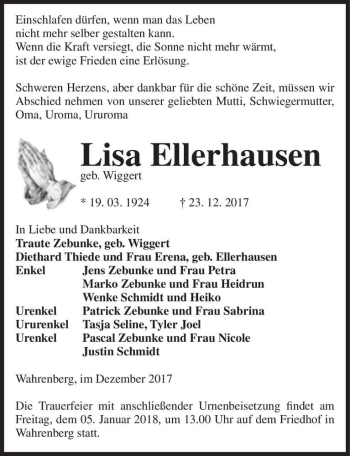 Traueranzeige von Lisa Ellerhausen (geb. Wiggert)  von Magdeburger Volksstimme