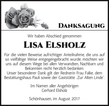 Traueranzeige von Lisa Elsholz  von Magdeburger Volksstimme