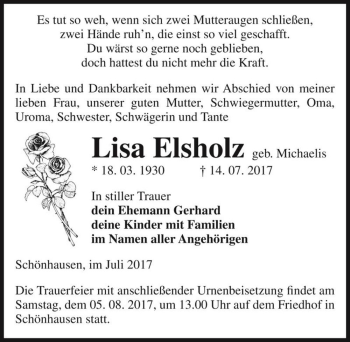 Traueranzeige von Lisa Elsholz (geb. Michaelis)  von Magdeburger Volksstimme