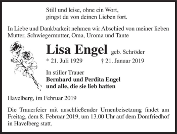 Traueranzeige von Lisa Engel (geb. Schröder)  von Magdeburger Volksstimme