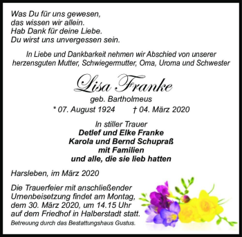 Traueranzeige von Lisa Fanke (geb. Bartholmeus)  von Magdeburger Volksstimme