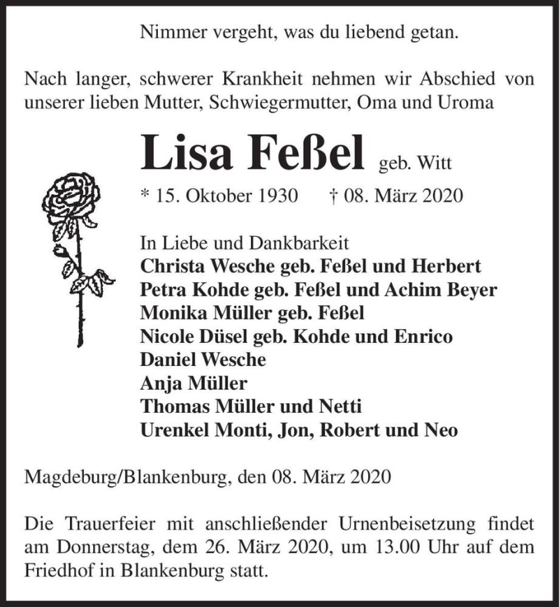  Traueranzeige für Lisa Feßel (geb. Witt)  vom 14.03.2020 aus Magdeburger Volksstimme