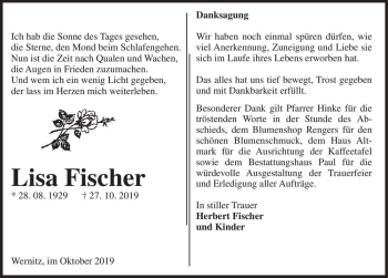 Traueranzeige von Lisa Fischer  von Magdeburger Volksstimme