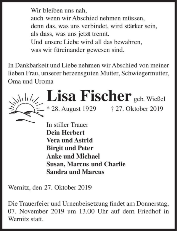 Traueranzeige von Lisa Fischer (geb. Wießel)  von Magdeburger Volksstimme