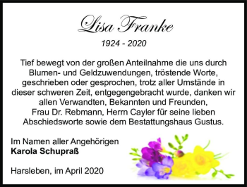 Traueranzeige von Lisa Franke  von Magdeburger Volksstimme