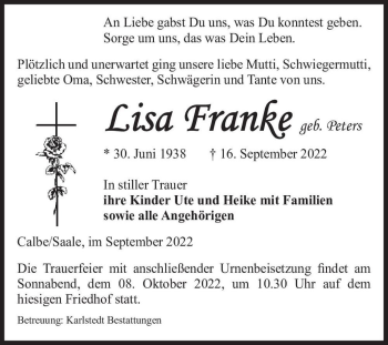 Traueranzeige von Lisa Franke (geb. Peters)  von Magdeburger Volksstimme