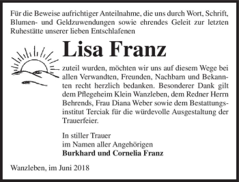 Traueranzeige von Lisa Franz  von Magdeburger Volksstimme