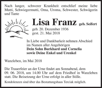Traueranzeige von Lisa Franz (geb. Seifert)  von Magdeburger Volksstimme